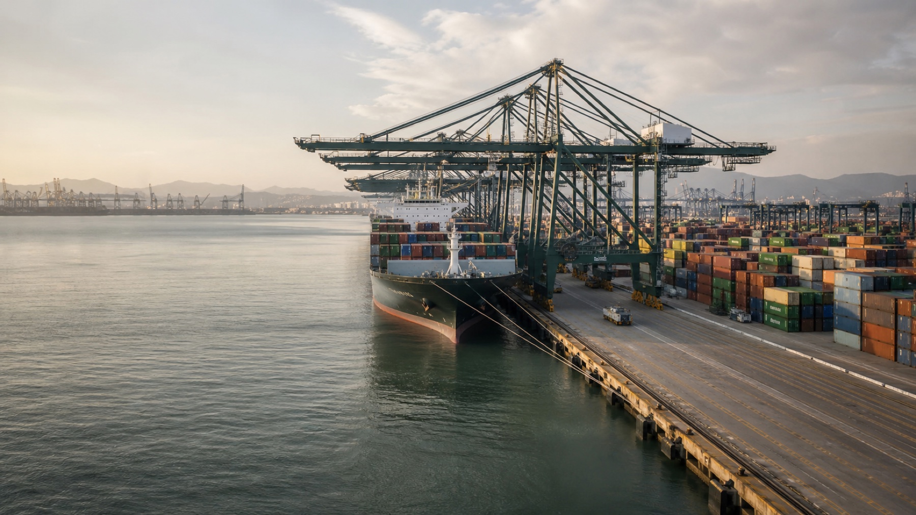 Cargo vessel and cranes at a container port